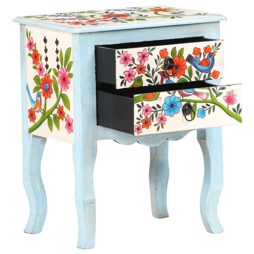 vidaXL Solid Mango Wood Hand Painted Bedside Cabinet Telephone Nightstand Telephone Stand Storage Home Decor Interior Wooden Side Bed Furniture